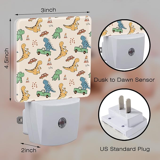 Cute Cartoon Dinosaurs Night Light for Kids, Funny Dino Car Truck Night Light Plug in with Dusk to Dawn Sensor, 0.5w Energy Saving Sleep Friendly Nightlight for Hallway Stairway Kitchen Bedroom