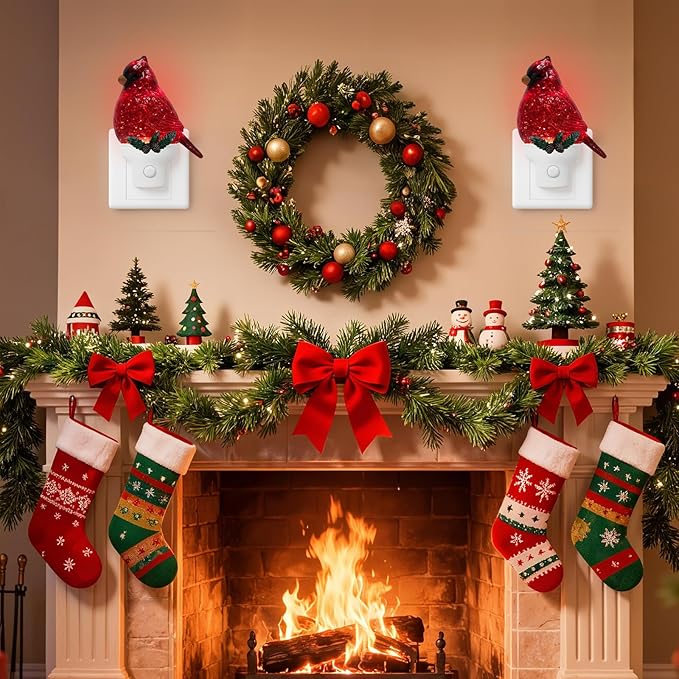 2 Pack Christmas Cardinal Night Light Plug into Wall Glitter Water Nightlight with USB/Outlet Options, Christmas Decorative Nightlight for Bedroom Kitchen Nursery Holiday Decorations Gifts (Cardinal)
