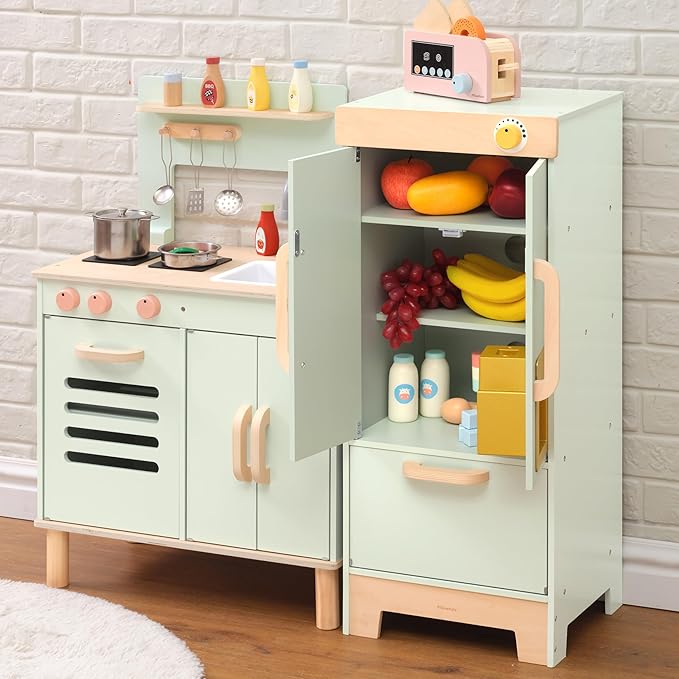 Wooden Play Refrigerator with Ice Maker – Mint Green Kids Fridge Toy, 4 Wooden Ice Cubes & Cup, Quiet Click Handle, Montessori Pretend Play for Toddlers 3+