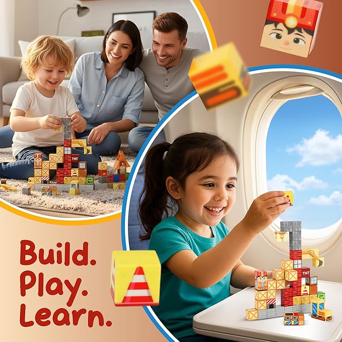 49PCS Mini Magnetic Blocks Construction Set – STEM Building Toys for Toddlers, Travel Magnet Cubes with Portable Iron Box, Creative 3D Construction Play for Kids Ages 3–8, Boys & Girls