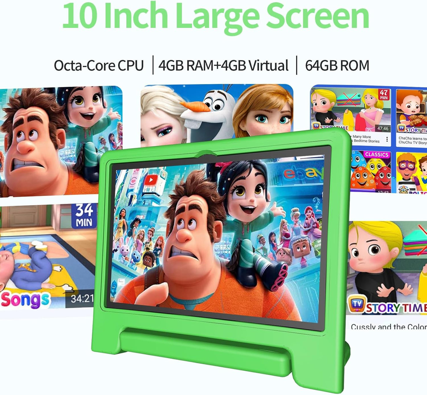 JREN Tablet for Kids｜10 Inch Kids Tablet Android 14｜Octa-core｜64GB｜WiFi ｜Bluetooth｜Parental Control｜Children Content｜Children Toddler Green