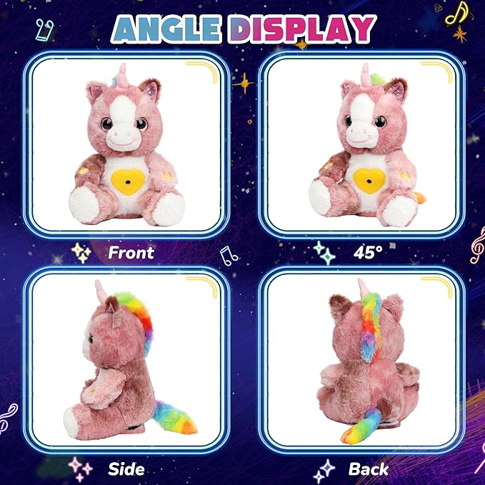 Cuteoy Plush Dirty Pink Unicorn Star Projector Musical Adjustable Singing Night Light Stuffed Animals Glowing Plushies Toy Gifts for Kids Birthday Easter Christmas,12''