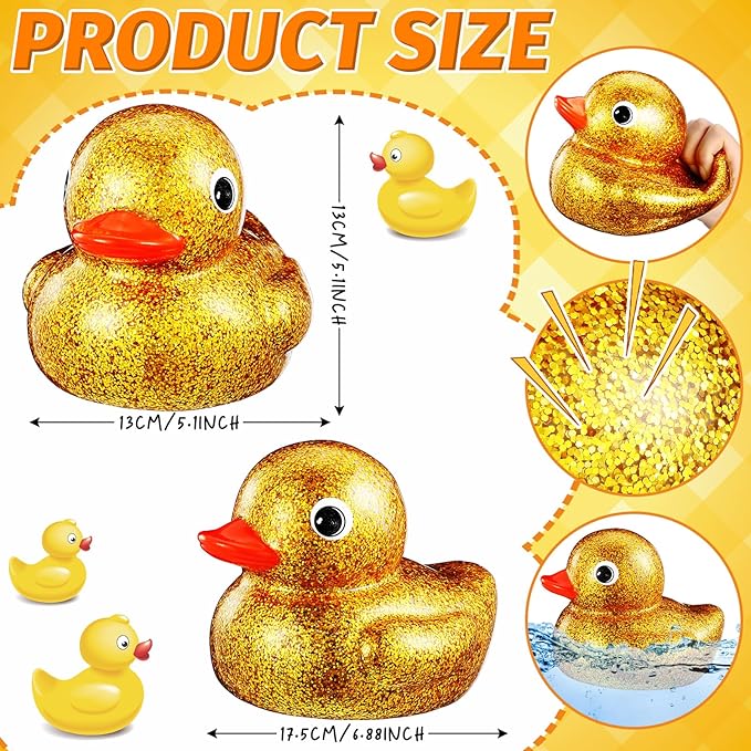 Honoson 6.89 Inch Giant Glitter Rubber Duck Big Glitter Rubber Duck Large Sparkly Duckling Bath Toy with Squeaky Sound for Summer Baby Shower Birthday Party Favor Gift(Gold)