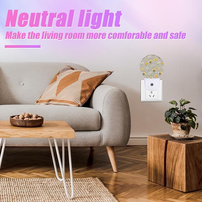 Cute Bee Night Light Daisy Flower Night Lights LED Lamp Round Plug into Wall Nightlight with Dusk to Dawn Sensor Home Hallway Stairway Kitchen Decor