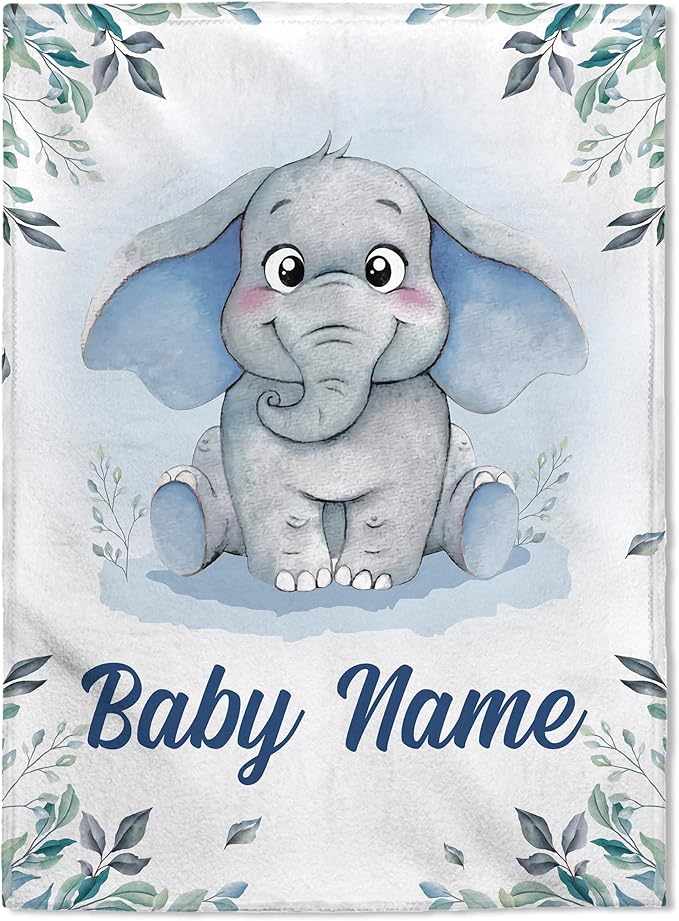 FLOCHIL Personalized Baby Blankets, Custom Baby Blanket - Baby Blanket with Name for Boys, Best Gift for Newborn Elephants Flush Fleece (30x40)