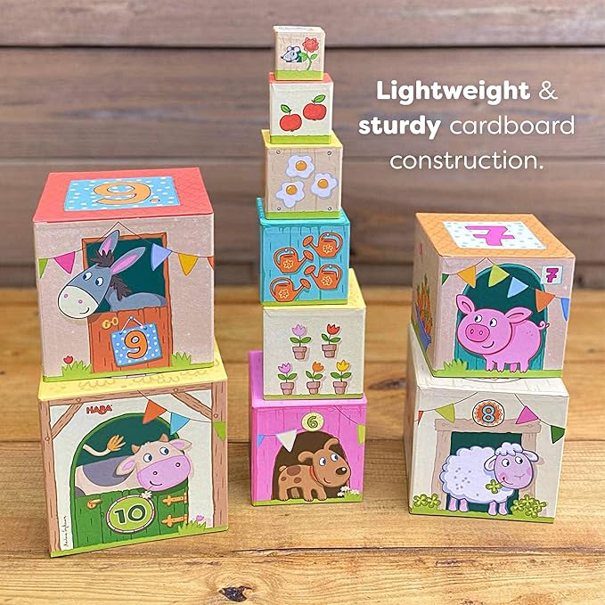 HABA On The Farm Stacking & Nesting Cubes – 10-Piece Montessori Toys for Toddlers, Award-Winning Educational Stacking Toy & Farm-Themed Blocks