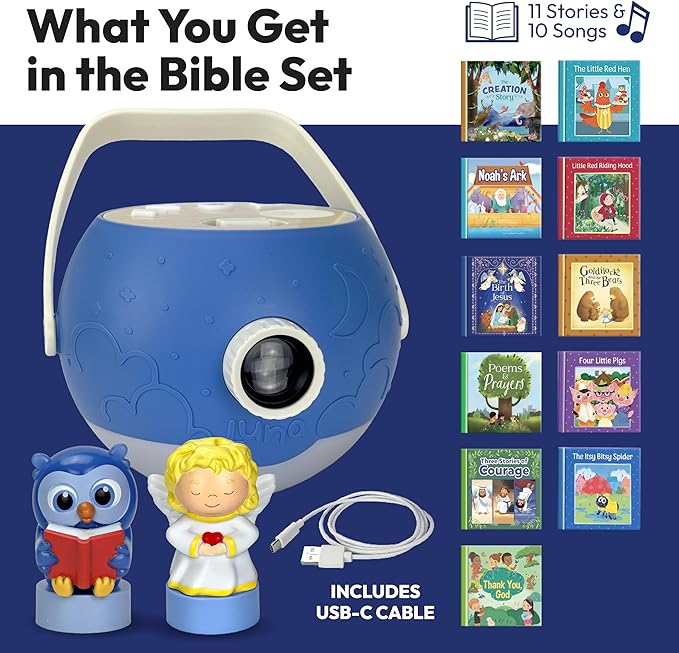 Kids Book Projector – 6 Bible & 5 Classic Read-Aloud Stories, 10 Songs & Night Light & Soothing Dream Music | Children Ages 3+ Storytime Projector for Kids & Toddler | Toys, Owl & Angel