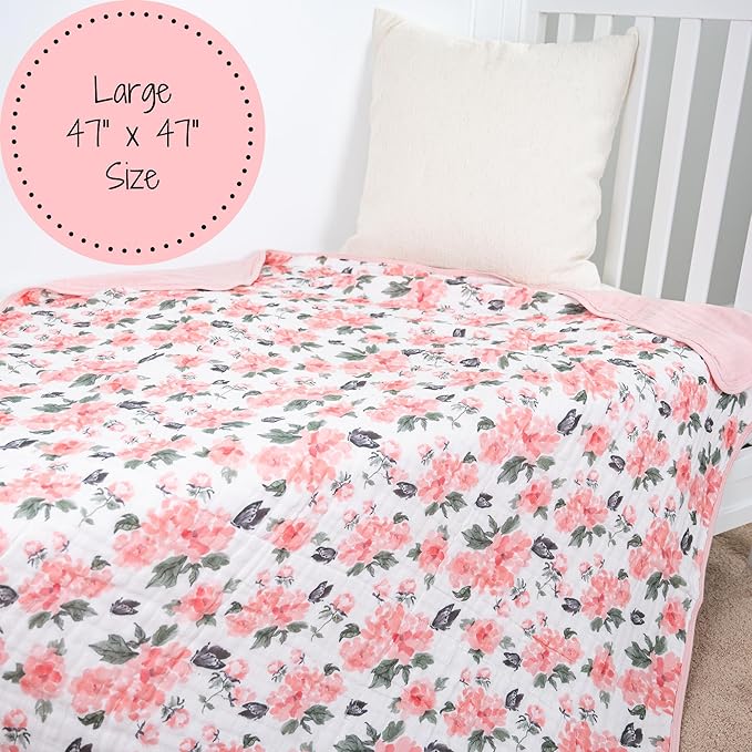 LollyBanks Muslin Baby Blanket 100% Organic Cotton, Muslin Quilt Lightweight, 6 Layers Soft Blanket for Girls, 47"x 47" Toddler Blankets, Nursery Receiving Blankets (Pink Peony Print)
