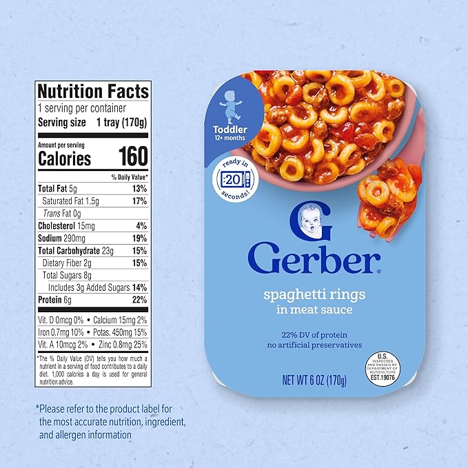 Gerber Toddler Food, Spaghetti Rings in Meat Sauce, Mealtime for Toddler, 6PK