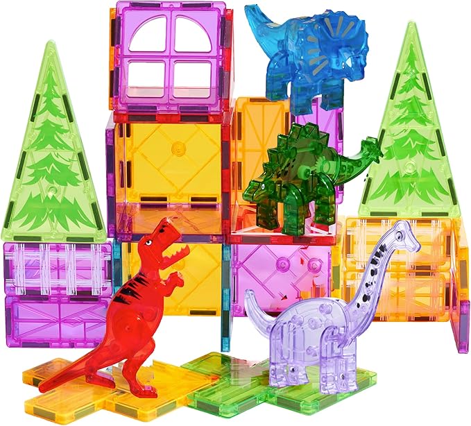 Magnetic Tiles 32 Piece Set, Dinosaur Toys for Kids 3-5, STEM Building Blocks with Trees and Figures, Educational Construction Set for Boys and Girls