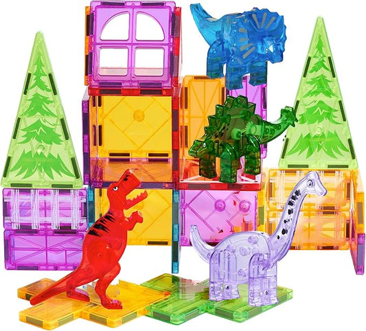 Magnetic Tiles 32 Piece Set, Dinosaur Toys for Kids 3-5, STEM Building Blocks with Trees and Figures, Educational Construction Set for Boys and Girls