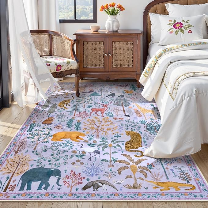 OJIA Animal Print Nursery Rugs Washable Area Rugs 5'x7', Soft Kids Room Rug Ultra-Thin Non-Slip Modern Living Room Carpet, Stain Resistant Throw Carpet for Bedroom Playroom Dining Room