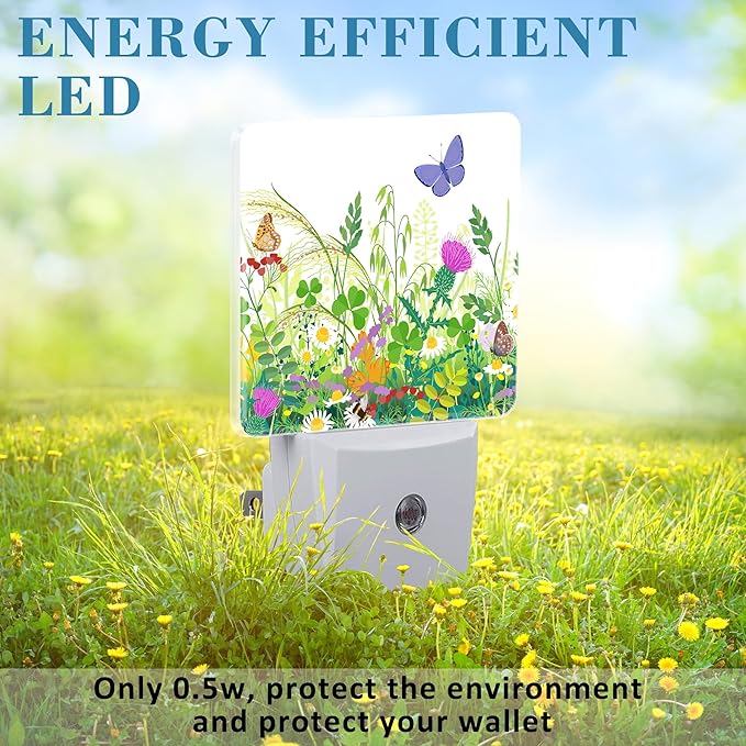 Summer Meadow Plants and Insects Night Light Plug into Wall with Dusk to Dawn Sensor Cute Nightlight for Kid Girls Boys Women Men Room Decor, Hallway, Kitchen, Bathroom, Nursery, Stairs