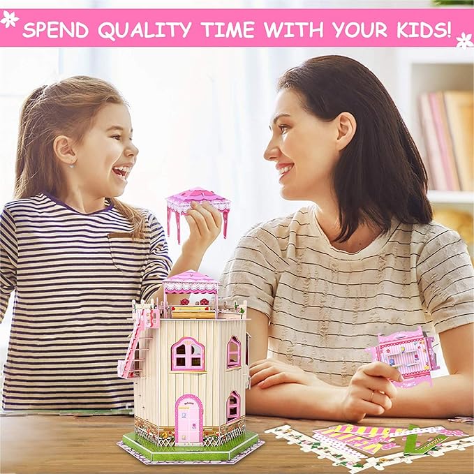 Rooftop Romance 3D Puzzle Dollhouse for Girls - Easy to Assemble 3-D Miniature Doll House Building Kit with LED Light for Kids - Educational Paper Jigsaw Puzzles - Perfect Craft Toys Gift - 101 Pcs