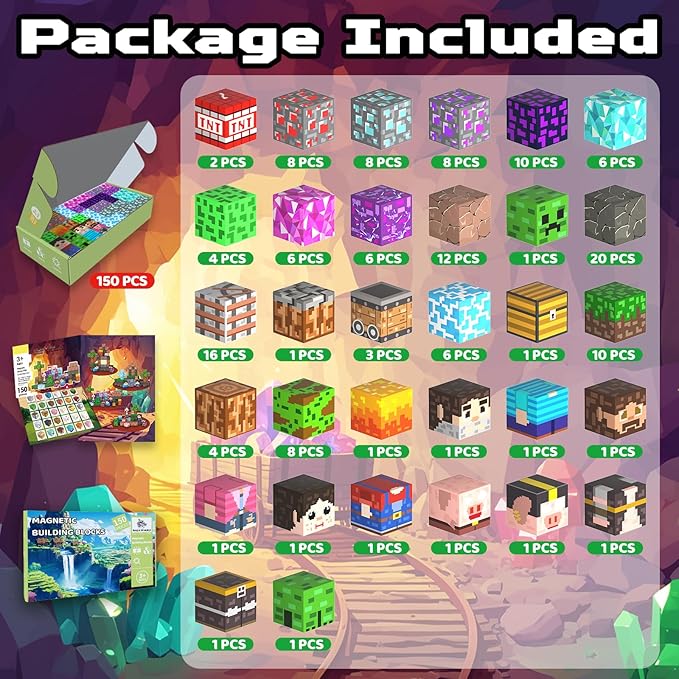 Magnetic Blocks, 150PCS Magnetic Building Blocks Light Up, Stacking Magnets for Kids, Sensory Toy for STEM Constructions Magnet Blocks for Boys Girls Age 3+, Christmas Birthday Gifts