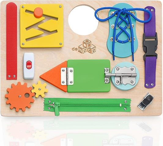 Sensory Busy Board for Toddlers, Premium Wooden Toddler Busy Board for 1 2 3 Year Old with 10 Educational Activities for Fine Motor Skills, Fidget Activity Toy for Travel Toy (Multicolored - Large)