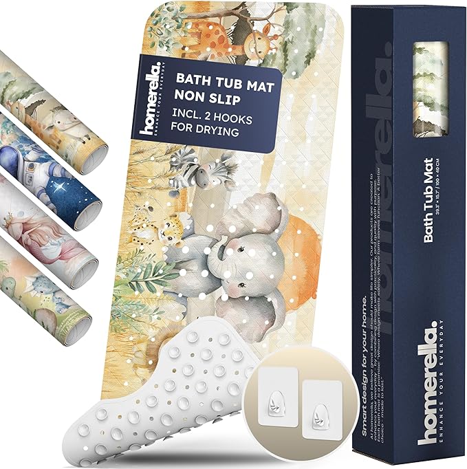 Homerella Baby Bath Tub Mat | Anti Mold Mildew Resistant Non Slip Kids and Adult Bath Tub Shower Mats | 40x16 inch Long with Suction Cups for Secure Grip Hooks for Storage & Drying | Machine Washable