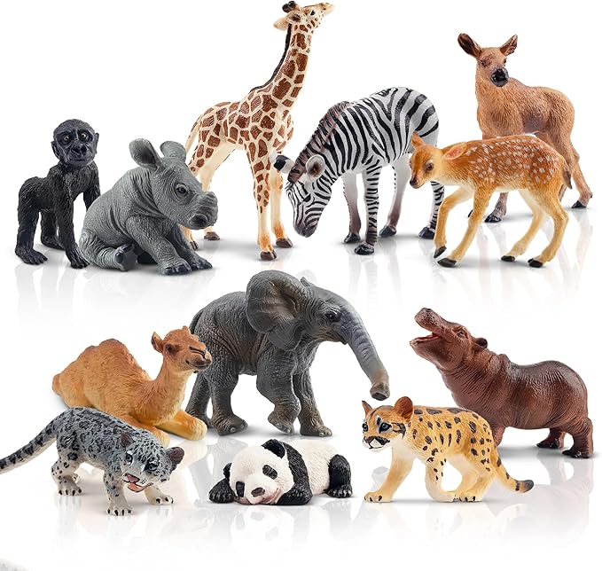 Toymany 12PCS Forest Animals Baby Figurines, Realistic Woodland Animals Figures Toys Includes Elephant, Mountain Lion, Giraffe and Deer Cubs, Cake Toppers Christmas Birthday Gift for Kids Toddlers