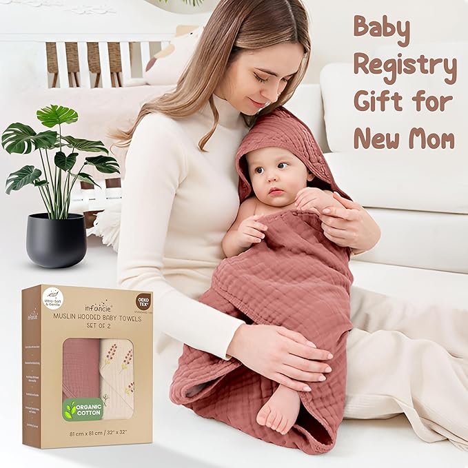 Organic Cotton Muslin Baby Hooded Towels - 32x32 Inch, 2 Pack Newborn Bath Towels for Boys & Girls, Soft & Absorbent Bath Set (Pink/Floral)