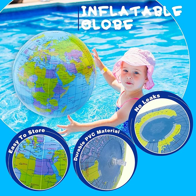 12 Pack 16 inches Inflatable Globe Blow up World Globe PVC Earth Beach Ball Globe for Kids Party Bags Swimming Pool Game Geography Classroom Playing or Teaching Party Favors Decorations