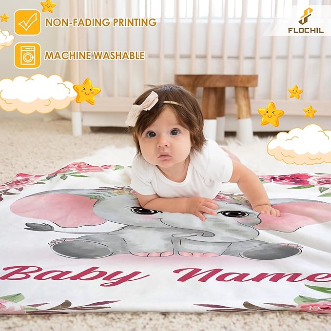 FLOCHIL Personalized Baby Blanket - Custom Baby Blanket with Name for Girls, Newborn Elephants Plush Fleece (30x40)