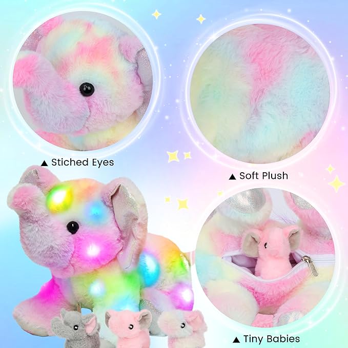 Hopearl LED Plush Colorful Elephant Light up Stuffed Mommy Elephant with 3 Baby Elephish in her Tummy Floppy Stuffed Animal Playset Night Lights Glow in The Dark Birthday Gifts for Toddlers, 18''