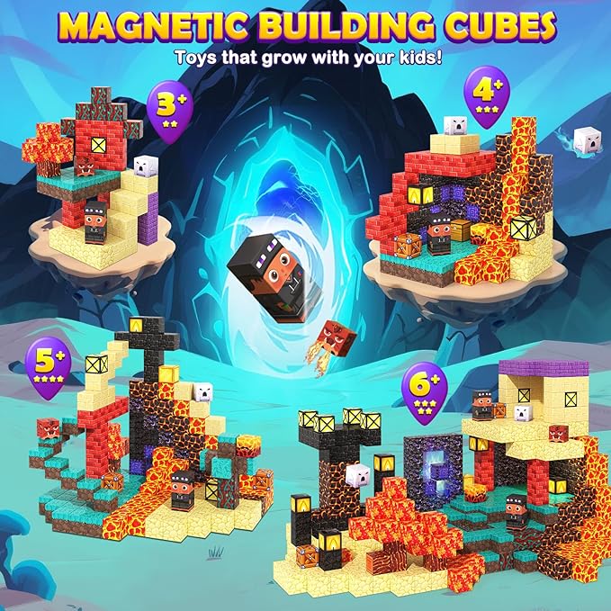 Magnetic Blocks - 154PCS Build Mine Magnet World Cube Toys with Magnet Board for Kids Age 3 4 5 6 7 8 9 10, Magnetic Tiles Stacking Toys, Sensory Birthday Gifts for Boys Girls, Classroom Must Haves