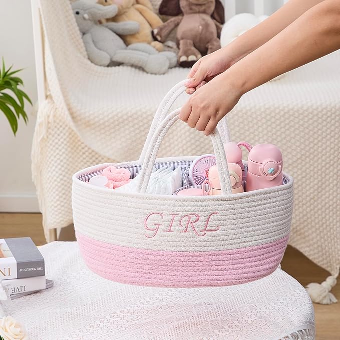 DUHEL Diaper Caddy Organizer with Handle,Baby Basket use for Diaper Organizer and Storage,Baby Girl Newborn Essentials,3 Compartments-Cotton rope Material Storage for Home or Travel. (White＆Pink)