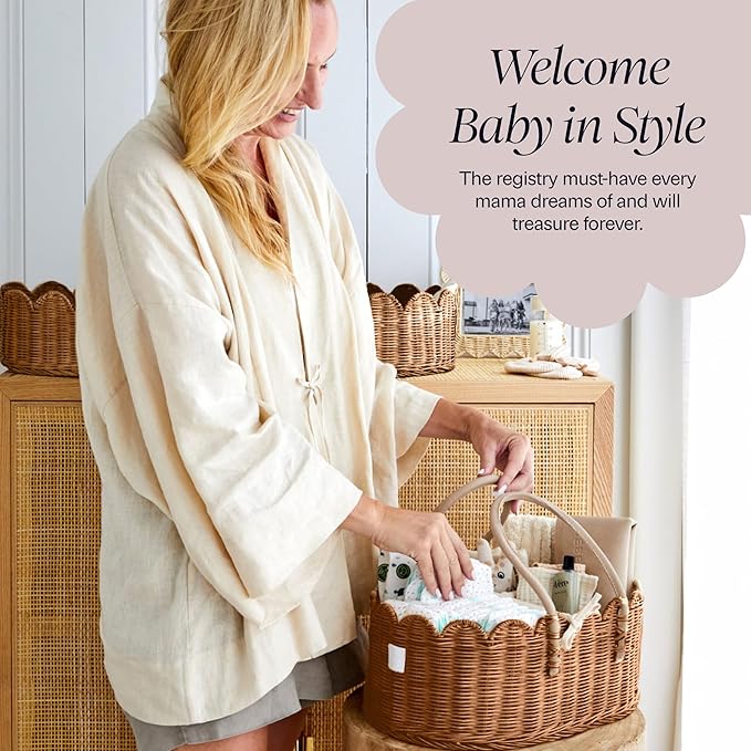 BEBE BASK Premium Baby Diaper Caddy Organizer - Handmade & Award-Winning Scalloped Rattan Basket - Luxury Diaper Caddy Basket - Elegant Scalloped Edge (Mocca)