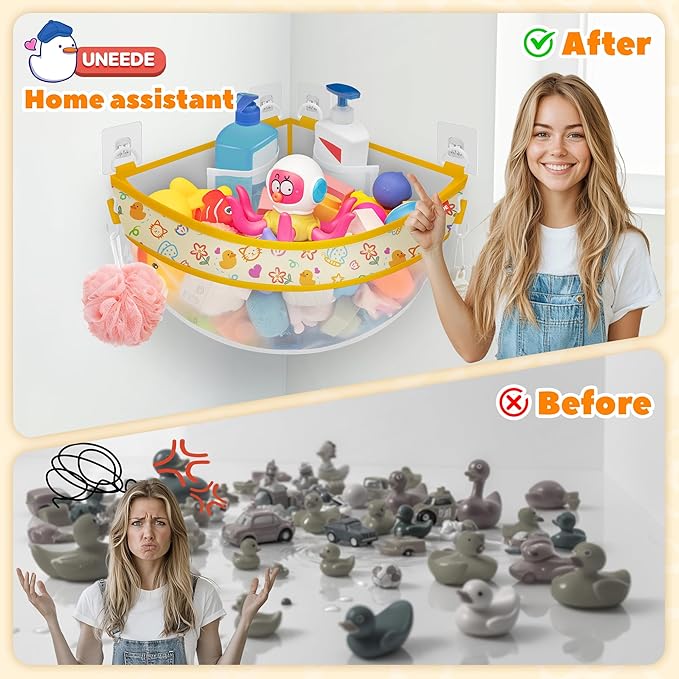 UNEEDE 4.32 Gallons Duck Print Corner Mounted Bath Toy Storage Holder, Yellow Mesh Shower Caddy for Bathtub Organizer, Quick Dry Holder