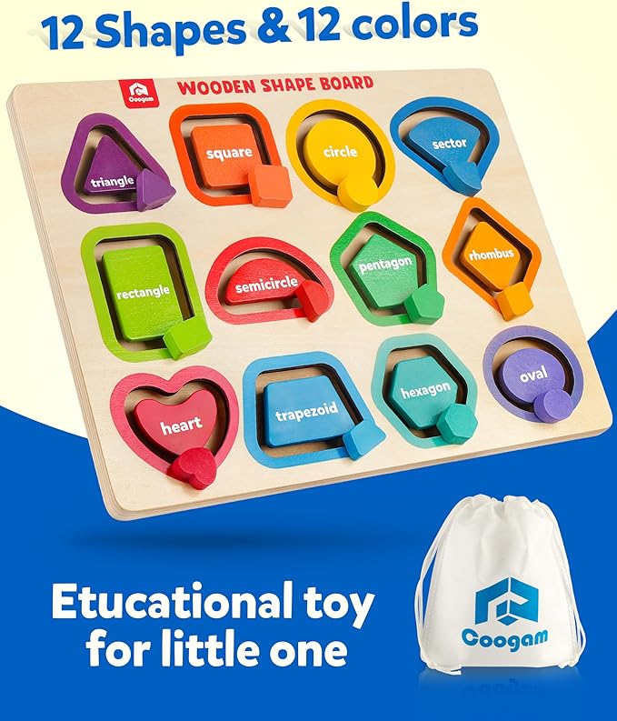 Coogam Wooden Color Shape Puzzle Board for Toddlers, Movable Sorting and Stacking Montessori Peg Board Matching Game Activities, Fine Motor Educational Learning Toys for Kids 3 4 5 Year Old