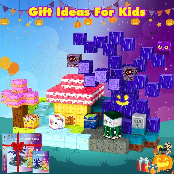 Magnetic Blocks Building Cubes, Magnetic Tiles Kids Montessori Sensory Toys & Games for 3 4 5 6 7 8 9 10 11 12 13 Year Old Boys Girls, Kids Toddler Halloween Decorations Party Favors Birthday Gifts