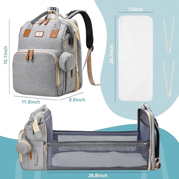 Diaper Bag Backpack, Large Waterproof Lightweight Diaper Bag with Changing Station, Insulated Pockets, USB Port & Stroller Straps, Travel Baby Bag for Mom and Dad, Baby Shower Gifts (Grey)