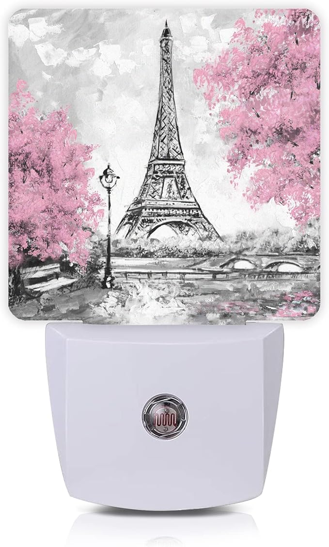 Eiffel Tower Paris Pink Flower Night Light Plug-in LED Nightlights Auto Sensor Night Lamp Dusk-to-Dawn Lamp Home Decor for Nursery Children Girls Boys