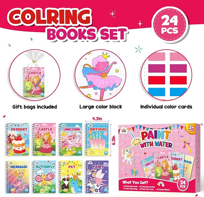 ZMLM 24 Water Coloring Books for Kids Party Favors - Bulk Mini Coloring Books for Kids Ages 4-8,Small Birthday Goodie Bag Stuffers School Teacher Return Gift Art Crafts Classroom Prizes (Girl)