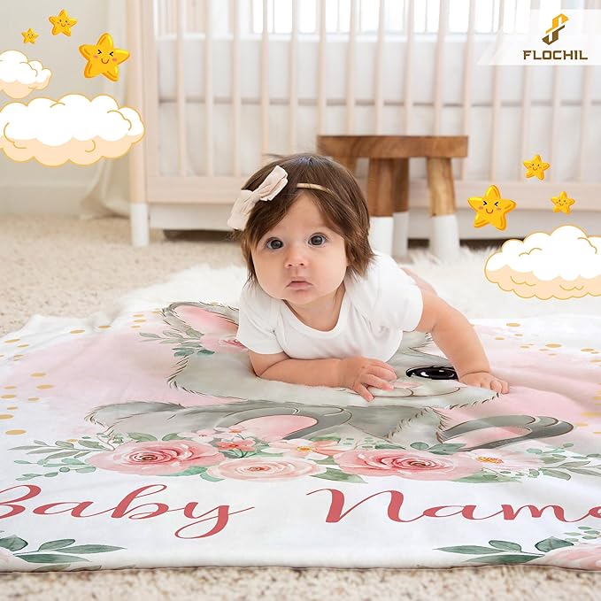 FLOCHIL Personalized Baby Blanket for Girls, Custom Baby Blanket with Name, Customized Baby Products, Gift for Baby, Newborn, Baby Shower (Bunny 1)