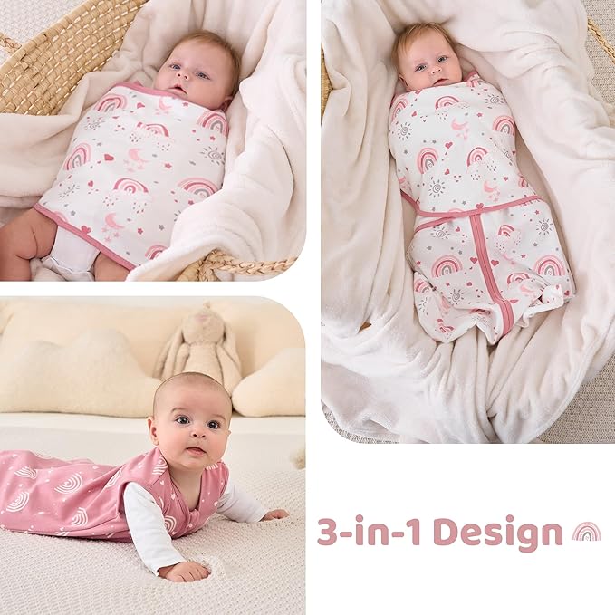 Baby Swaddle Sleep Sack 0-3 Months, Swaddles for Newborns Girl, 3-Way Adjustable Infant Swaddle Wearable Blanket with Zipper & Detachable Wrap, 2 Pack Soft Snug Pink Rainbow
