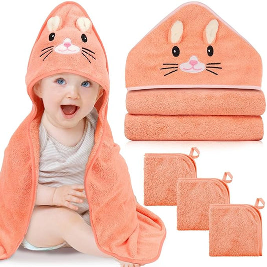 4 PCS Hooded Baby Towels, Soft Baby Towel, Absorbent Baby Bath Towel, Baby Towels and Baby Washcloths for Newborns, Toddlers, and Kids, 32x32 in Baby Towel with Hood for Boy and Girl (Orange Kitten)