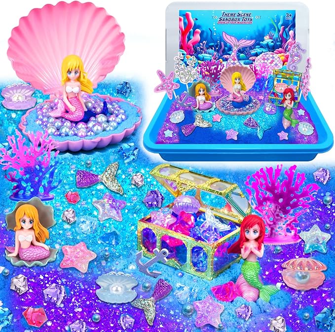 Sensory Bins for Toddlers,Sensory Toys Play Sand Art Kit with Sandbox & Sand Castle Molds & Tools,Indoor Outdoor Beach Toys for Boys and Girls Christmas Birthday Gift (Mermaid Paradise)