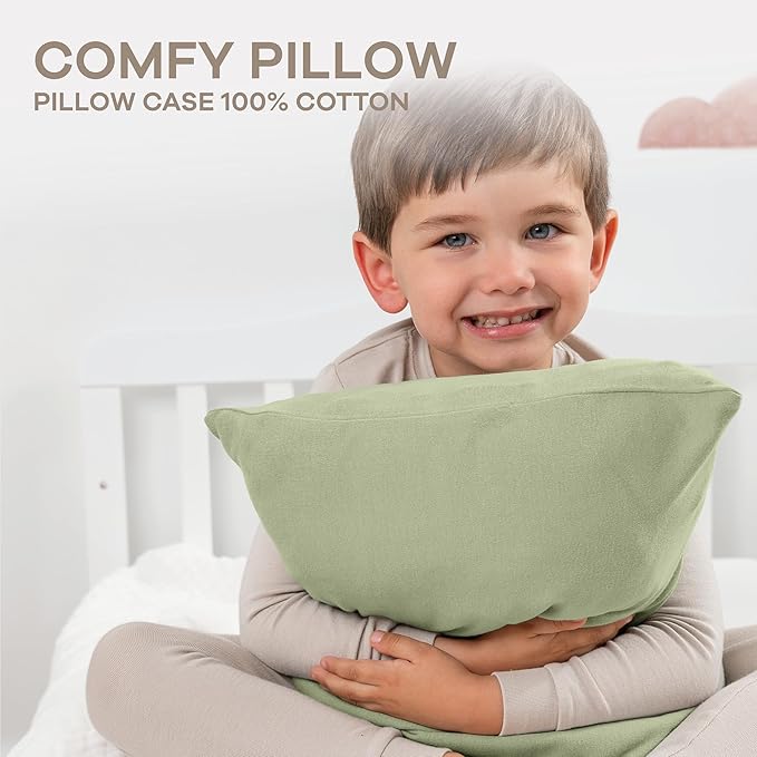 Comfy Cubs Toddler Pillow with Cotton Pillowcase, 13 x 18 in - Travel and Sleep Support for Kids - Lightweight, Breathable Microfiber Fill - Soft and Cozy Small Pillow for Toddlers - Sage