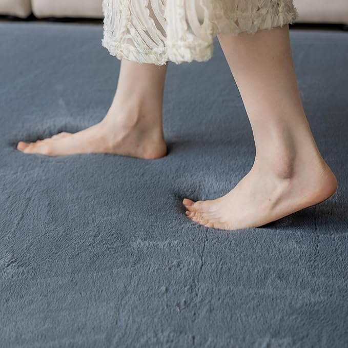 Loartee Faux Rabbit Fur Rug - 1.18" Thick Soft Fluffy Area Rug, Non-Slip Memory Foam Crawling Mat, Dark Gray, 78"x110"