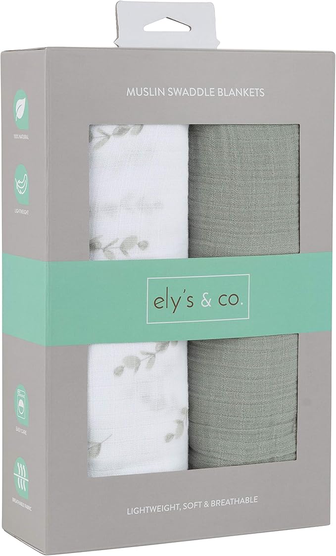 Ely's & Co. Muslin Swaddle Blanket 2-Pack — 100% Cotton Muslin Extra-Large Swaddle Blankets (47” x 47”) Watercolor Eucalyptus Print & Solid Sage