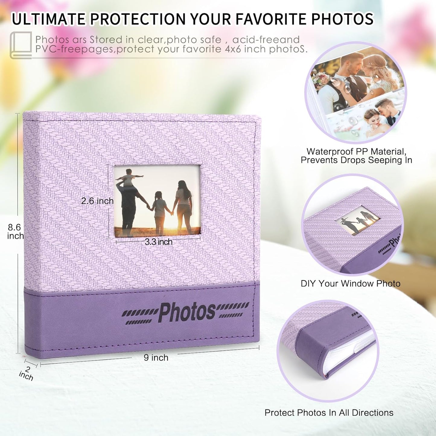 RECUTMS Leather Photo Album - 4x6, 200 Picture, Purple with Front Window and Memo Space for Wedding, Family, Travel, Baby, Graduation