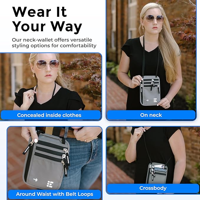 Neck Wallet for Travel & Passport Holder with RFID Blocking - Slim & Easy to Conceal Nylon Travel Pouch for men & women - Holds Phone, Cash, Cards, Keys - Sweat & Water Resistant - Large - Light Grey