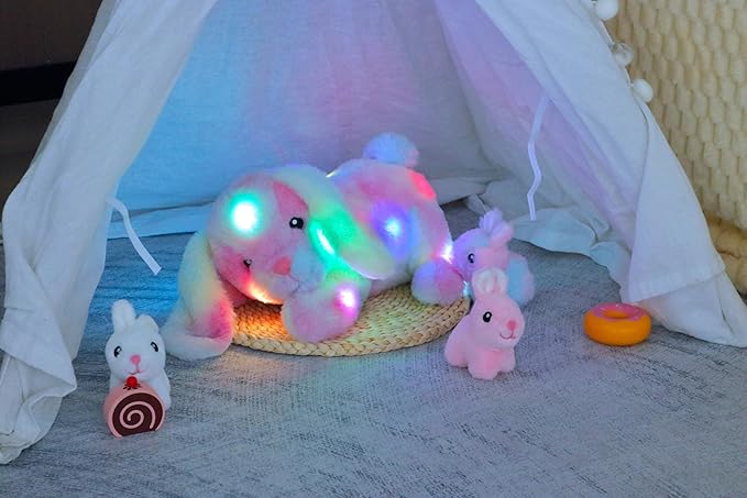 Hopearl LED Musical Stuffed Bunny Light up Singing Plush Toy Playset Mommy Rabbit with 3 Baby Bunnies in her Tummy Adjustable Volume Lullaby Animated Soothe Gifts for Kids Toddler Girls, Rainbow, 12''