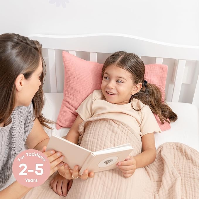 Comfy Cubs Toddler Pillow with Muslin Pillowcase, 13 x 18 in - Travel and Sleep Support for Kids - Lightweight, Breathable Microfiber Fill - Soft and Cozy Small Pillow for Toddlers - Blush