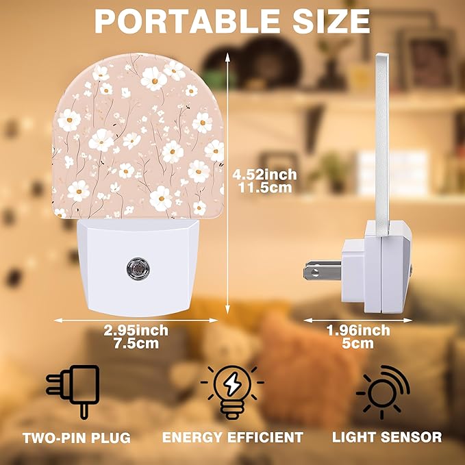 Night Light, Pink and White Flowers Night Lights Plug into Wall Dusk to Dawn Sensor Round Nightlight for Women Men Energy Efficient Led Lamp 0.5W for Stairway Hallway Bedroom