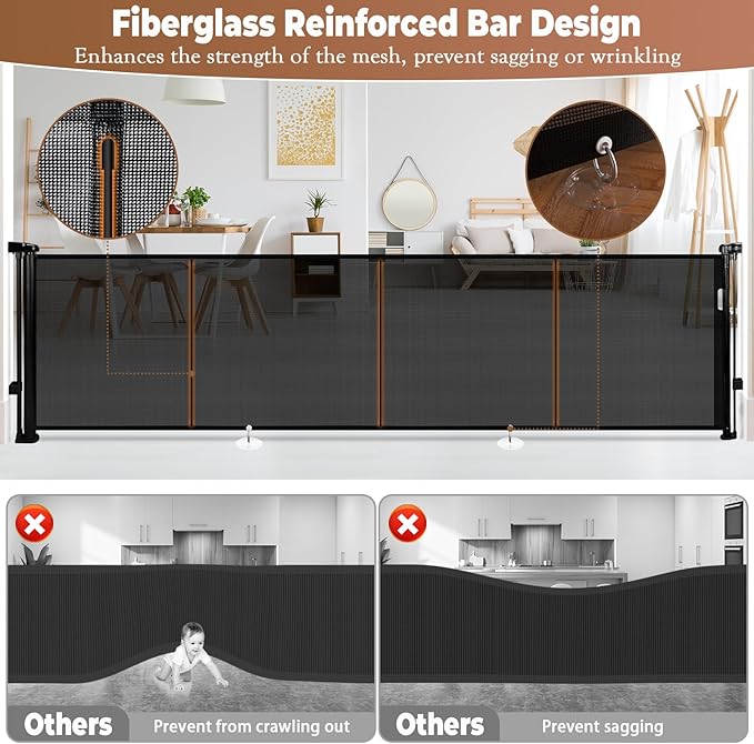 236" Retractable Baby Gate Extra Wide, 41" Tall Retractable Dog Gate for Stairs, Doorways, Decks, Mesh Gate Long Child Gate Pet Gate for Indoor, Outdoor, with Reinforced Mesh Rods, Dual Locks