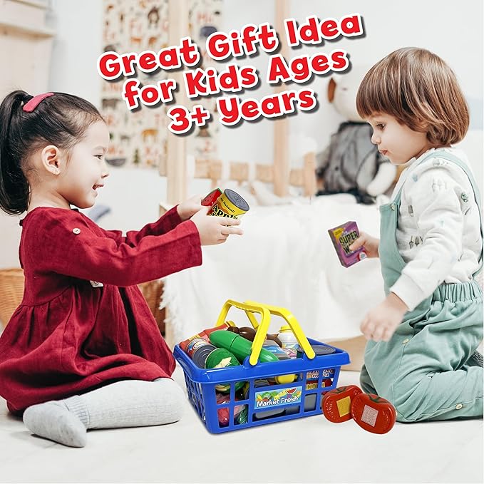 Small World Toys Kids Grocery Basket Play Food Set, Pretend Food Kids Shopping Basket Toddler Playset, 32 Pcs Grocery Food Play Kitchen Accessories, Educational Toddler Toys for Girls & Boys