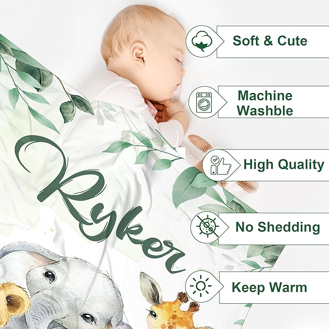J&SBGFT Personalized Baby Blanket - Custom Baby Blanket with Name - Receiving Blankets for Toddler's Nursery, Stroller, Crib; Safari Animal